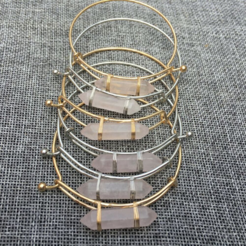 Double Terminated Rose Quartz Crystal Gold Bangle Bracelet - Picture 1 of 7